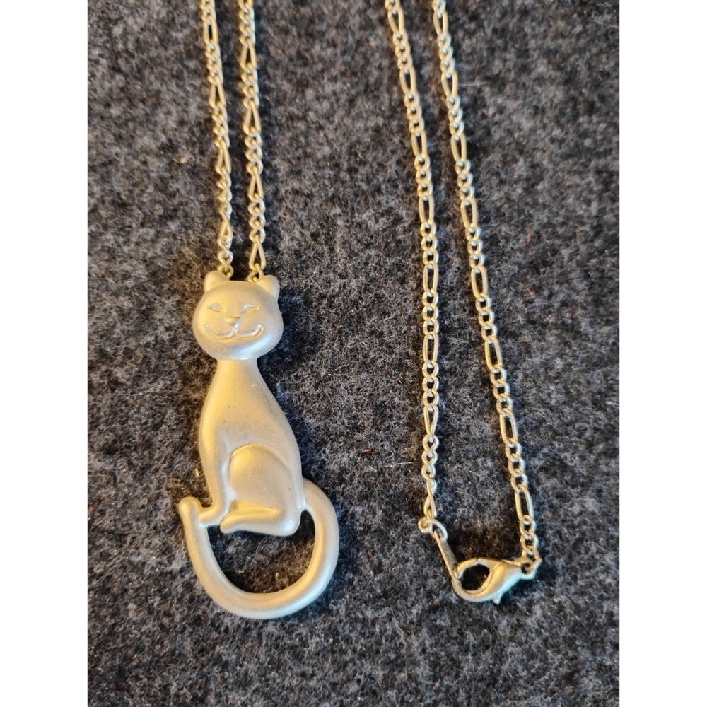 Happy Smiling Cat Pendant Necklace on Long 30" Chain Silver Tone Vintage